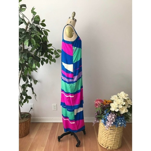70s Brijo Silk Maxi Dress Column Blue Pink Teal Vintage Designer - Picture 3 of 8